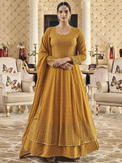 Remarkable Yellow Foil Work Georgette Festival Wear Salwar Suit